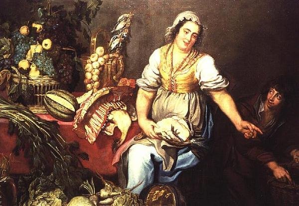 Køkkenstilleben med frugt, grøntsager og en pige, der holder en kylling af Kasper or Gaspar van den Hoecke
