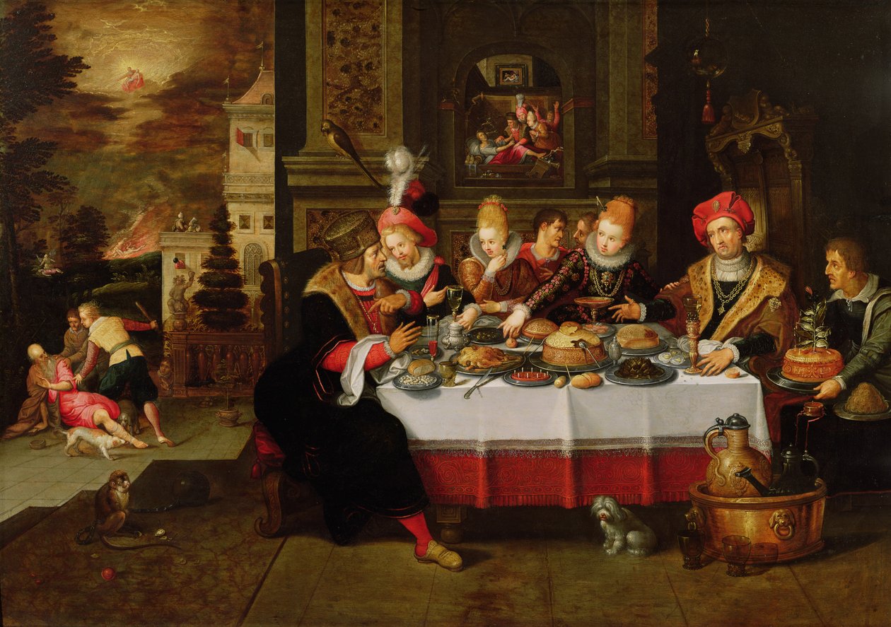 Lazarus og den rige mands bord (fra Lukas XVI) (panel) af Kasper or Gaspar van den Hoecke