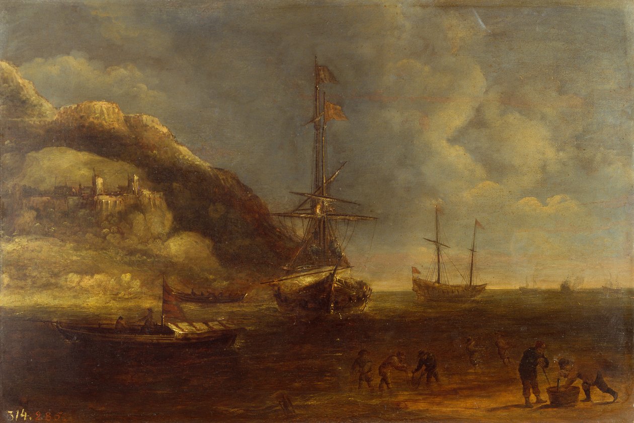 Kystudsigt med skibsfart og fiskere i forgrunden (olie på panel) af Kasper van Eyck