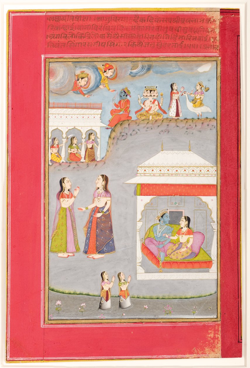 Labdhapraudha Nayika: Elskere i en pavillon, Kama, Brahma og Sarasvati ovenfor, 1750 (ugennemsigtigt wc og guld på papir) af Kassam