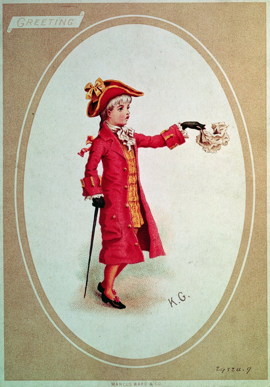 Dreng klædt i skarlagenrød (victoriansk kort) af Kate Greenaway
