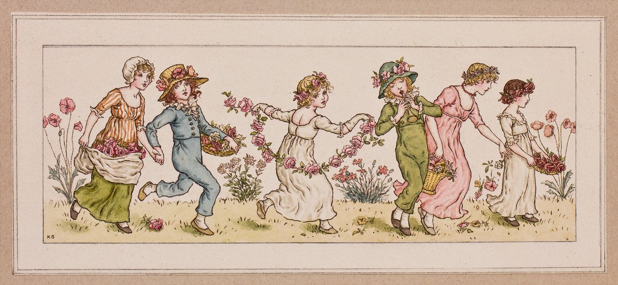 Blomster og musik (blæk og wc på papir) af Kate Greenaway