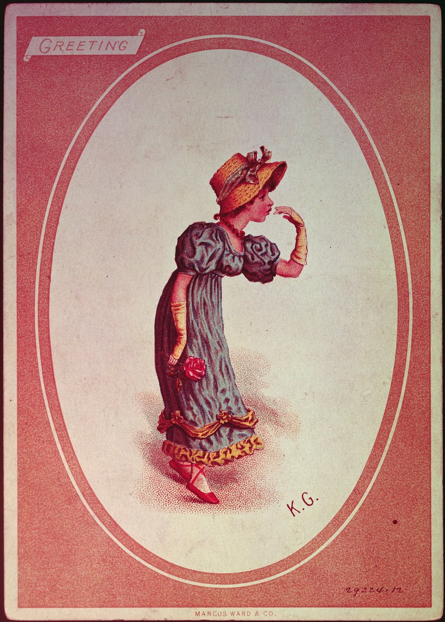 Pige iført en stråhætte (lykønskningskort) af Kate Greenaway