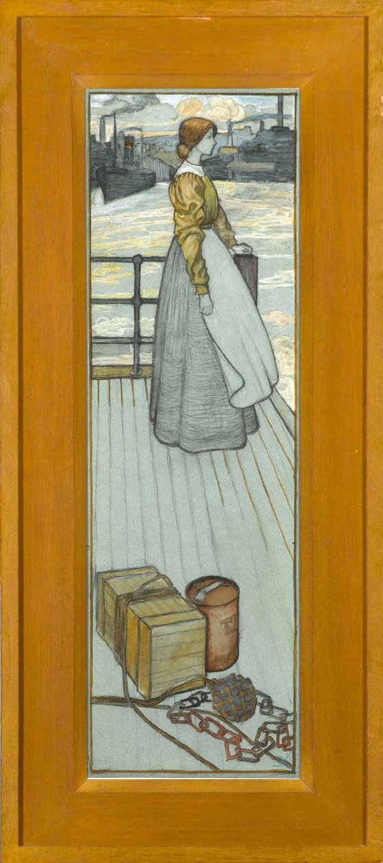 Venter på Dartmouth-færgen, ca. 1910 (kridt på blåt papir) af Kate Blackmore