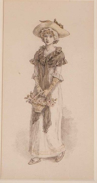 En kurv med roser (blyant, akvarel) af Kate Greenaway