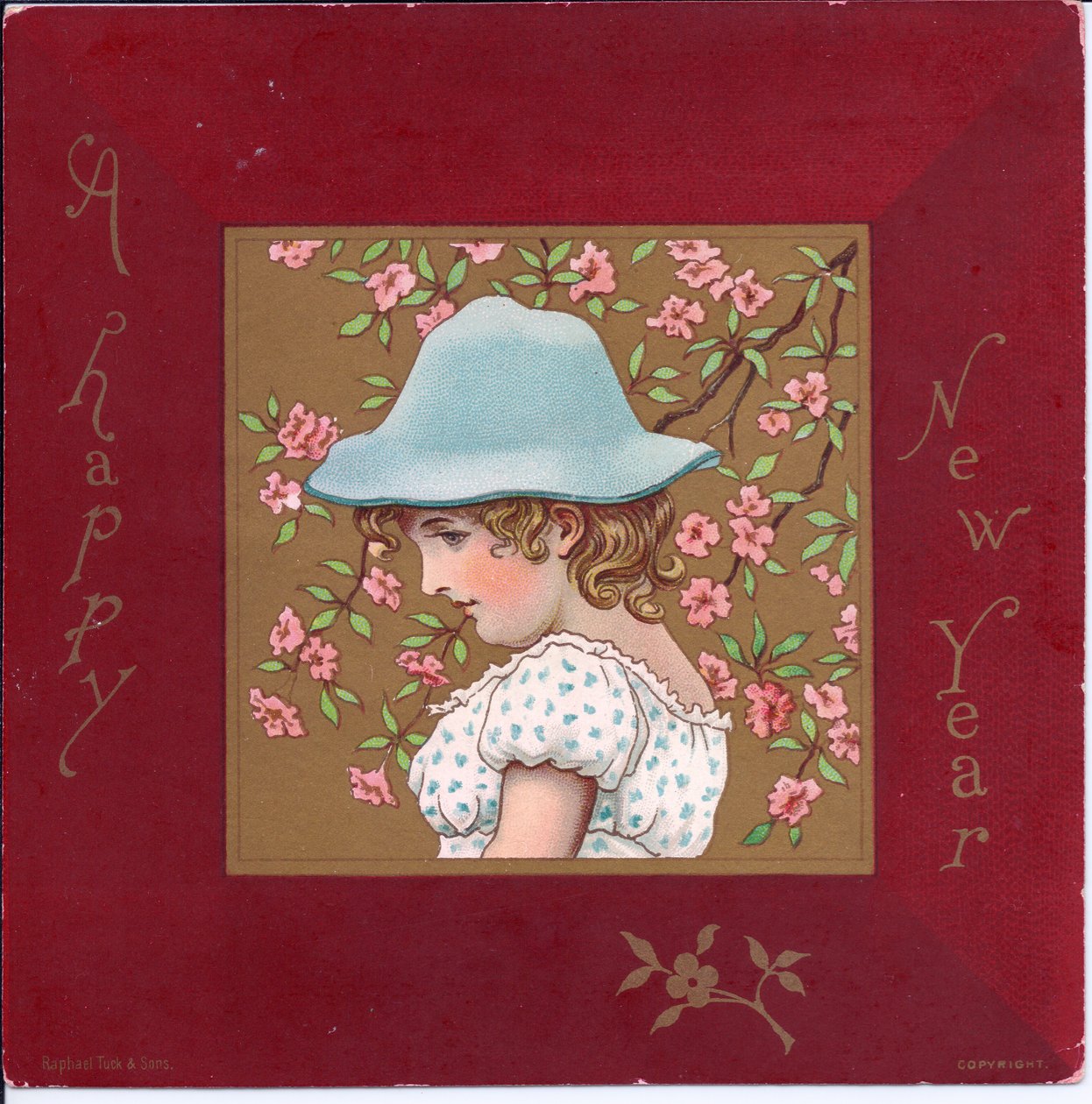 Et victoriansk julekort af en pige klædt i regentskabstøj med en kurv med blomster, ca. 1880 af Kate Greenaway