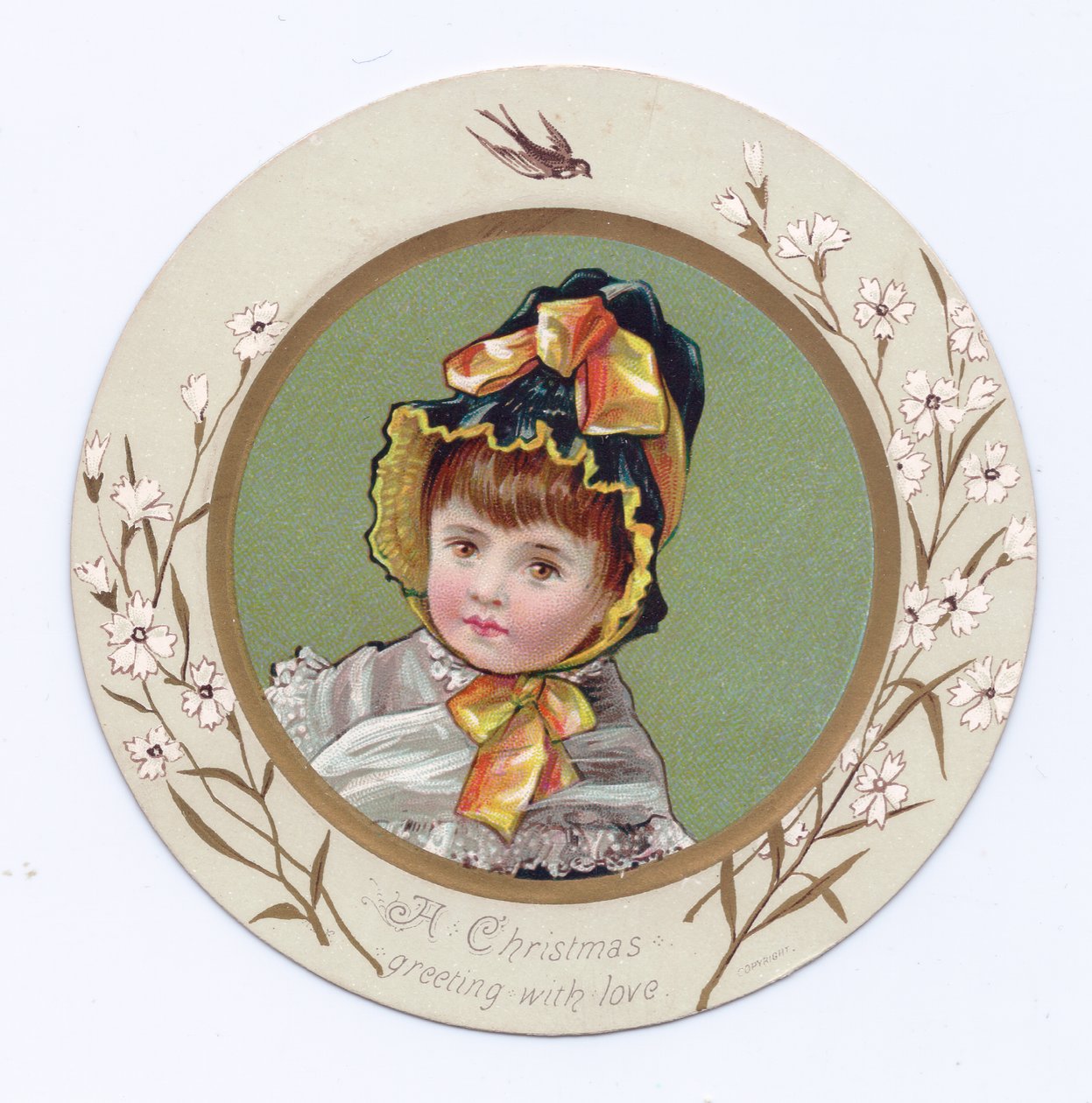 Et victoriansk lykønskningskort af en dreng med armen rundt om en pige, der kigger på en bog, ca. 1880 af Kate Greenaway