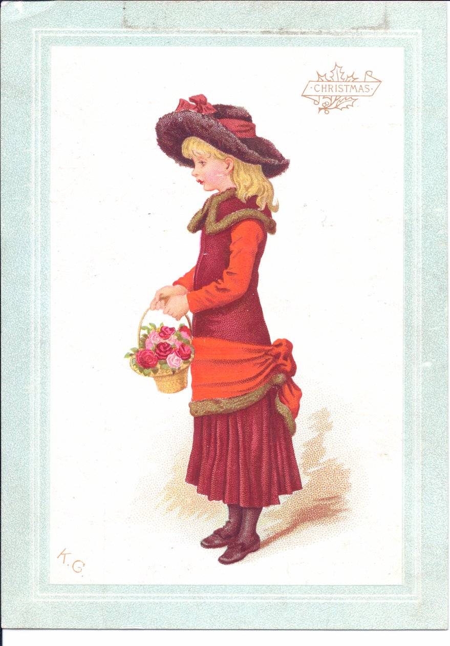 Et victoriansk lykønskningskort af et barn klædt i regentskabstøj, ca. 1880 af Kate Greenaway