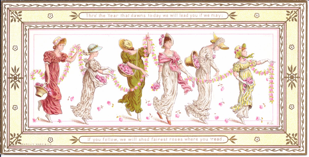 Et victoriansk lykønskningskort af et barn med et gult tørklæde om halsen, ca. 1880 af Kate Greenaway