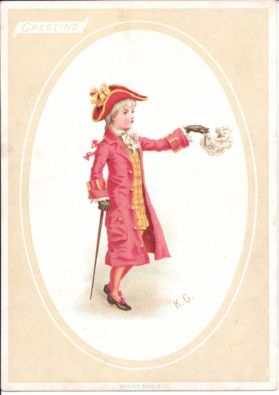Et victoriansk lykønskningskort med børn, der sidder ved et middagsbord, mens en klædt ud som kok sliber udskæringskniven, ca. 1880 af Kate Greenaway