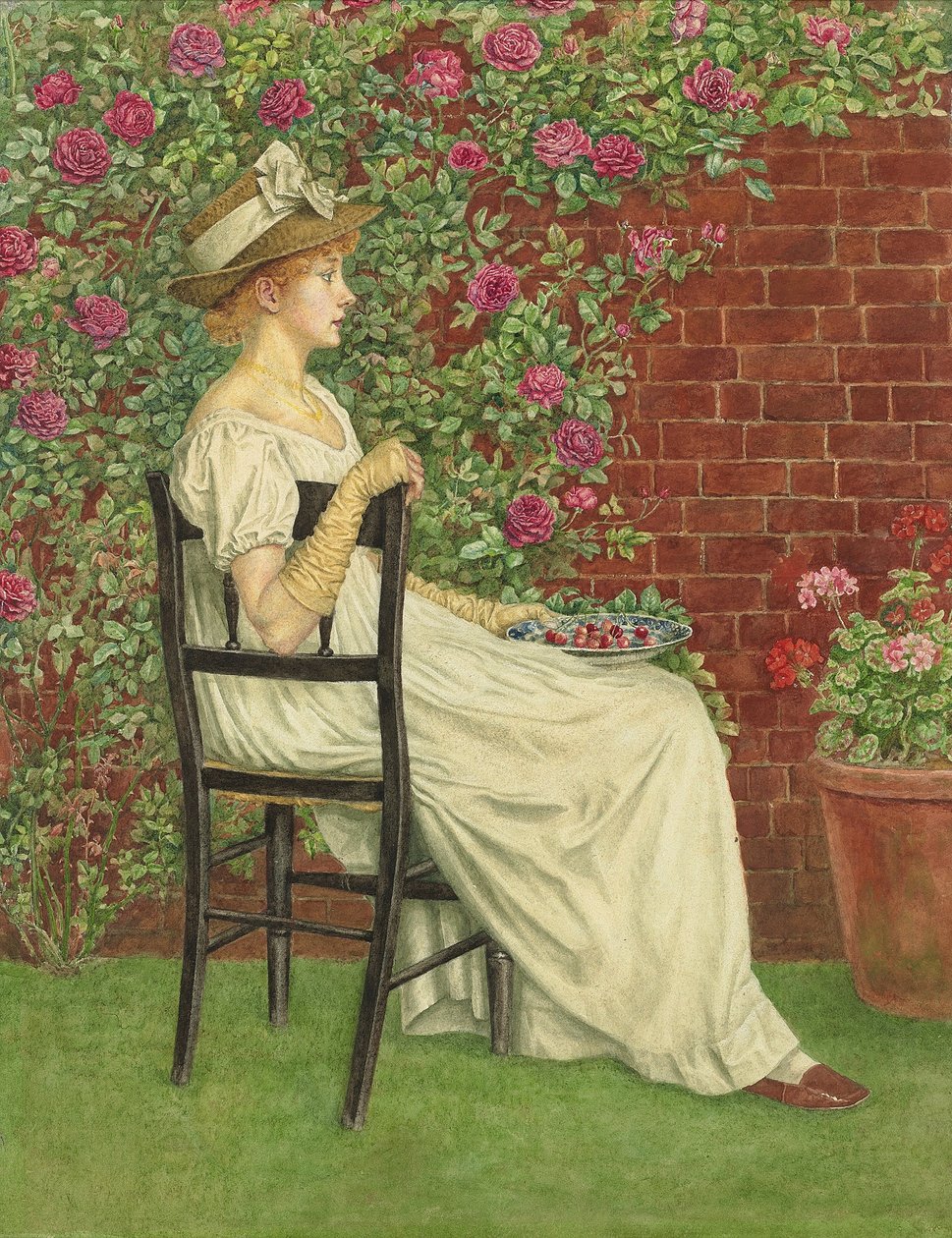 En ung pige, der sidder i en stol, en skål med kirsebær i hånden, af Kate Greenaway