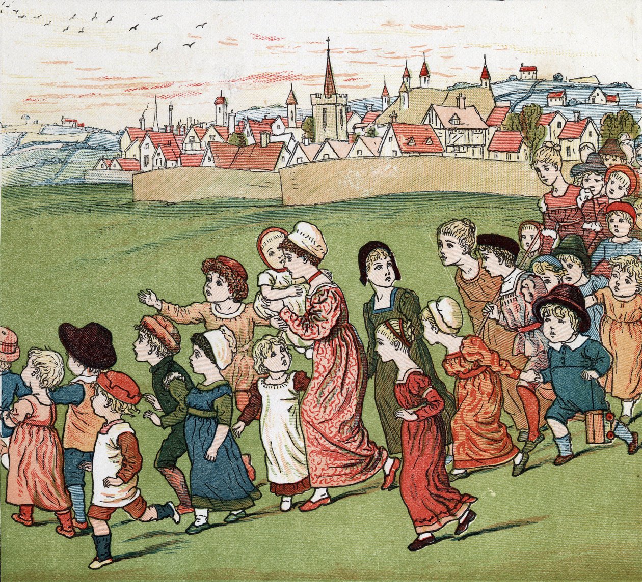 En flok mødre og børn flygter fra landsbyen. Illustration af Kate Greenaway (1846-1901) fra bogen med eventyr og børnerim for børn "" Under The Window" (1879), redigeret af Edmund Evans. af Kate Greenaway