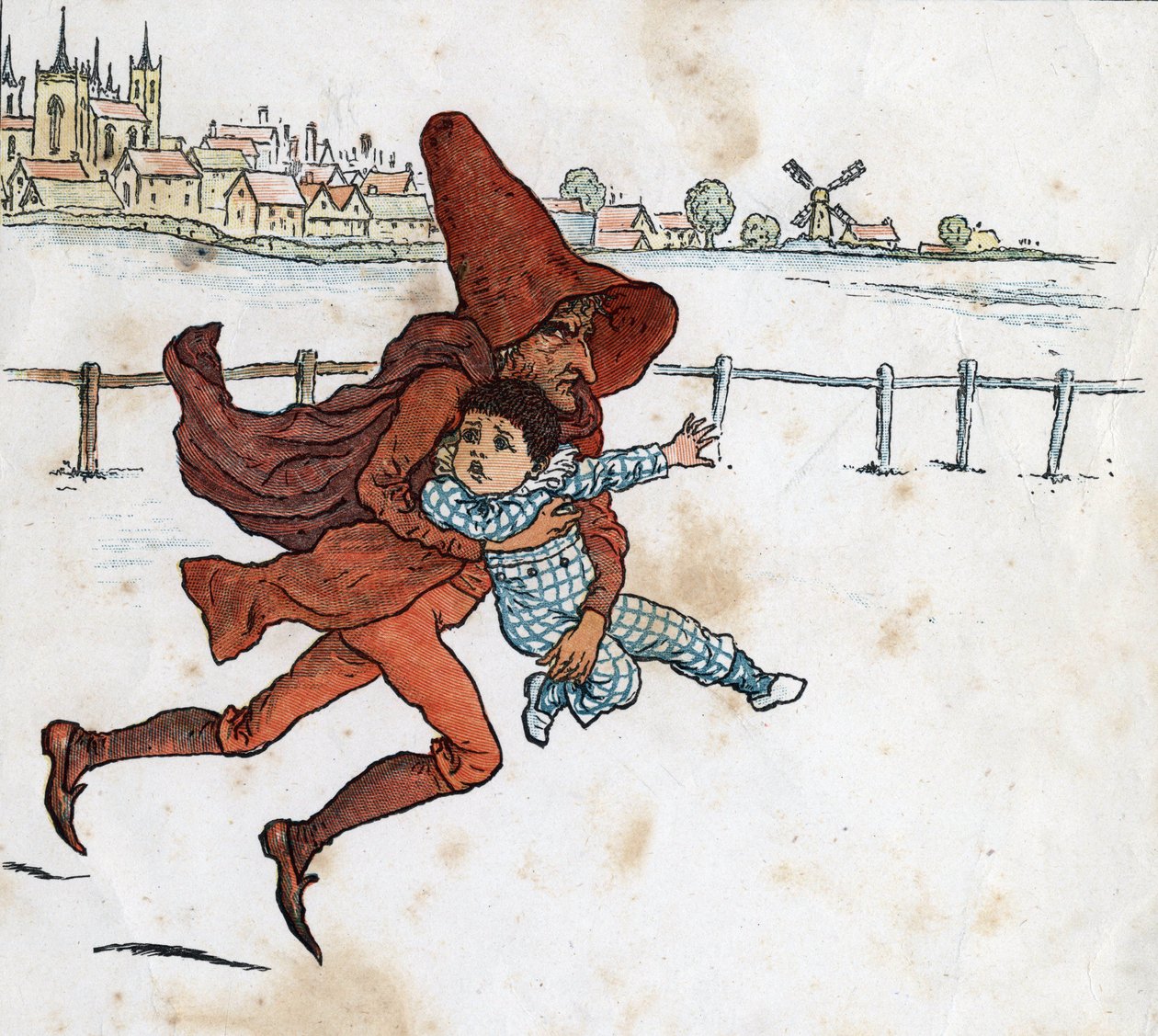 En leprechaun tager et lille barn. Illustration af Kate Greenaway (1846-1901) fra børnehistoriebogen "" Under The Window"" (1879), redigeret af Edmund Evans. af Kate Greenaway