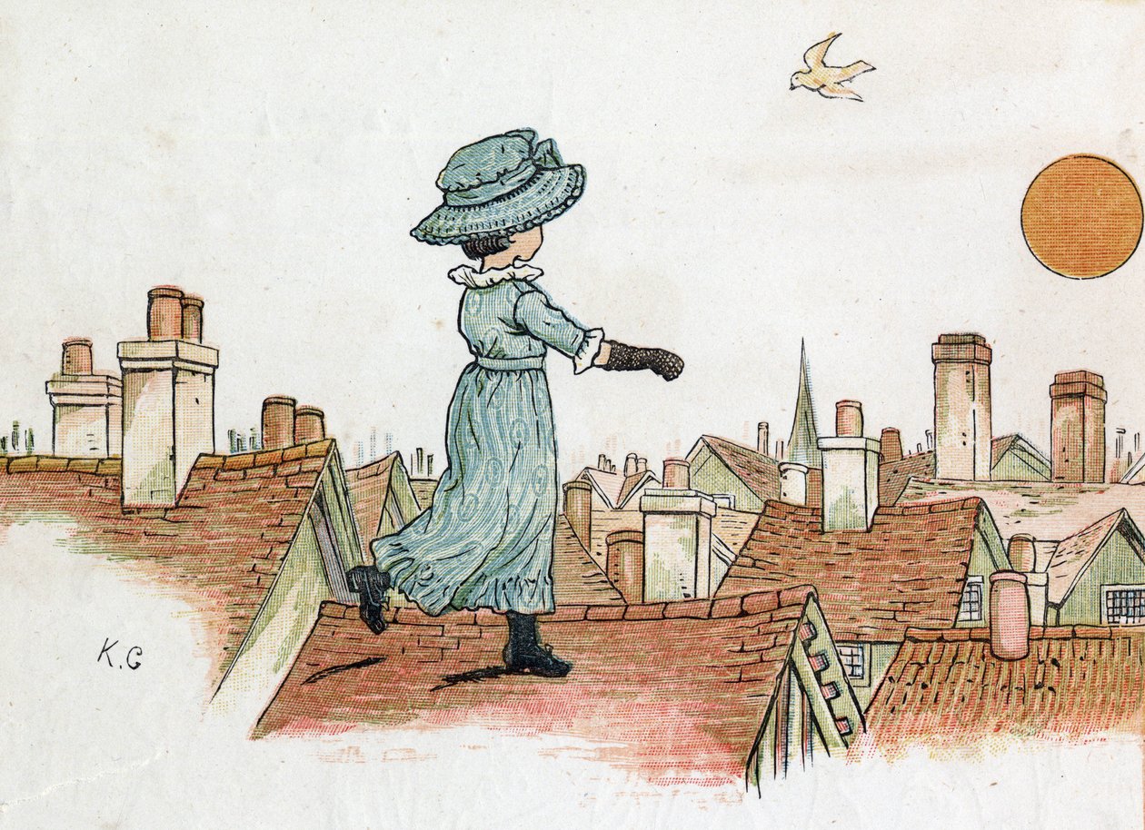 En lille pige, der går på tagene af en by tidligt om morgenen mod solen. Illustration af Kate Greenaway (1846-1901) fra bogen med eventyr og børnerim for børn "" Under The Window" (1879), redigeret af Edmund Evans. af Kate Greenaway