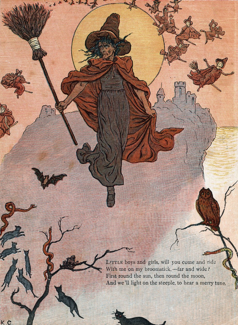 En heks og hendes kost omgivet af sorte katte, flagermus og ugle. (Små drenge og piger, vil du komme og ride med mig på mit kosteskaft?) ) Illustration af Kate Greenaway (1846-1901) fra bogen med eventyr og børnerim for børn "" Under The Window" af Kate Greenaway