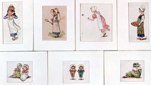 Samling af miniature akvareller af børn, der leger af Kate Greenaway