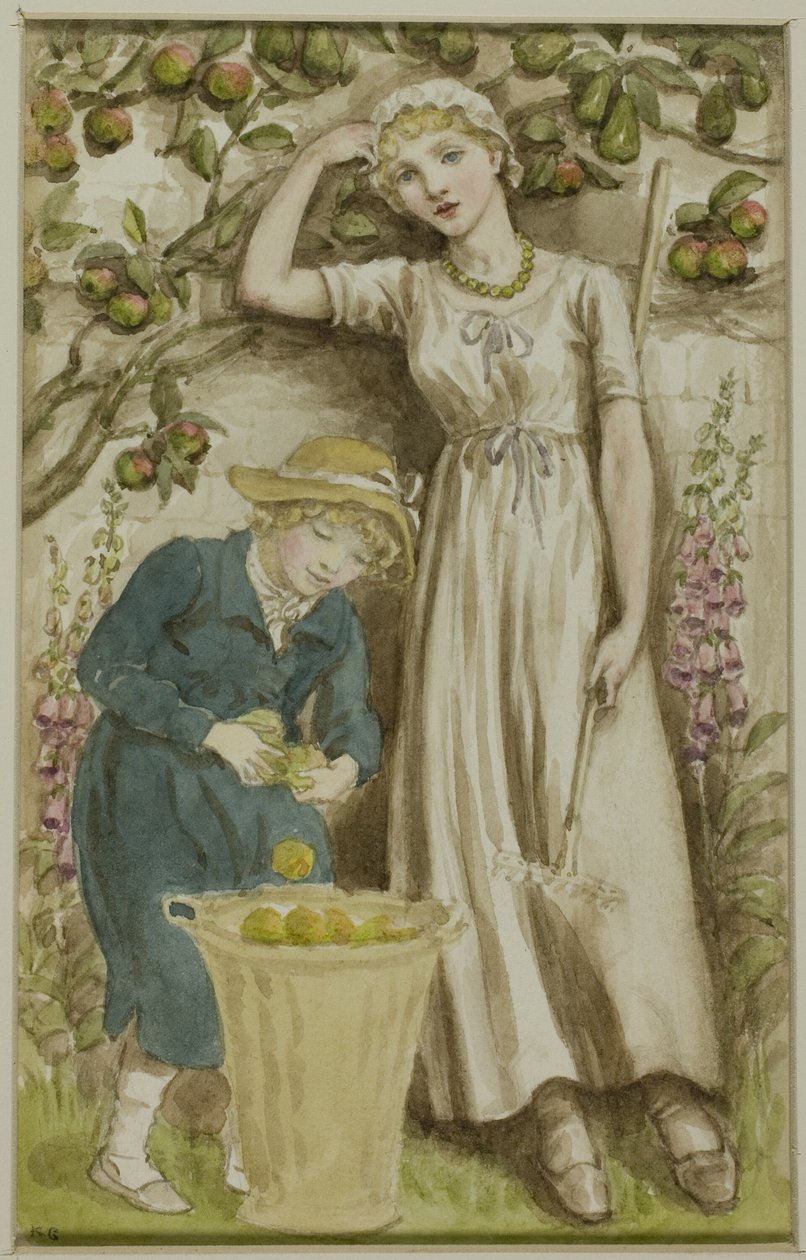 Pige og dreng plukker æbler af Kate Greenaway