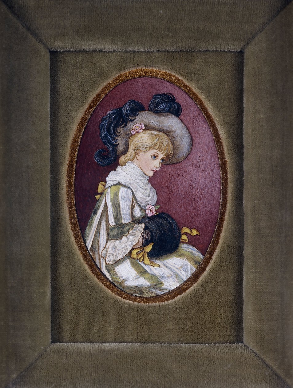 Ovalt portræt af en blond pige iført en plymerhat med hænderne inde i sin muffe af Kate Greenaway