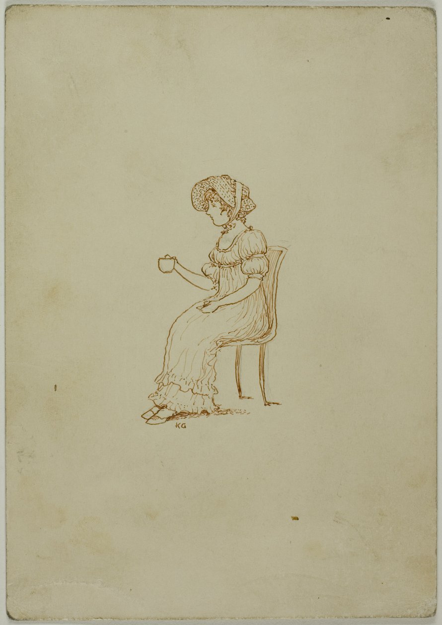 Siddende pige holder tekop af Kate Greenaway