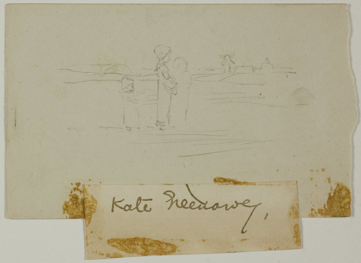 Tre figurer i et landskab med en vindmølle af Kate Greenaway