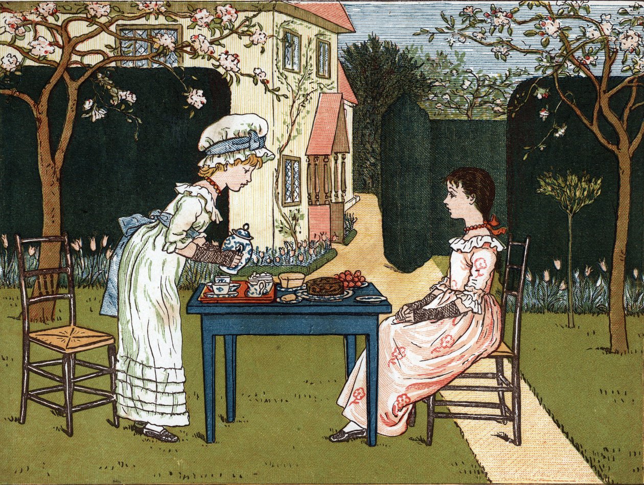 Tid på dagen: to unge piger smager det i en have. Illustration af Kate Greenaway (1846-1901) fra bogen med eventyr og børnerim for børn "" Under The Window" (1879), redigeret af Edmund Evans. af Kate Greenaway