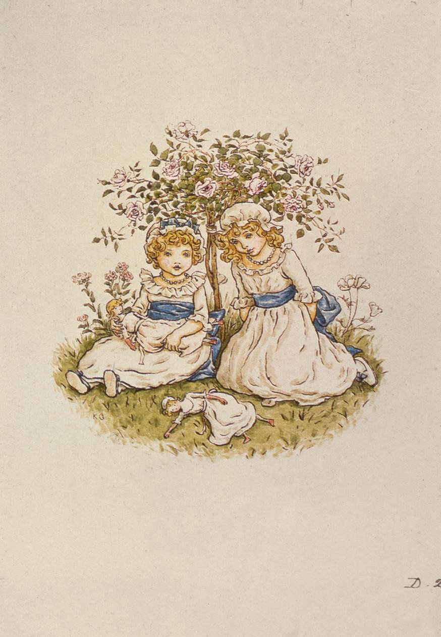 To piger med dukker, der sidder under en rosenbusk, 1800-tallet af Kate Greenaway