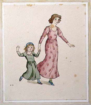 To små piger i festkjoler (akvarel på papir) af Kate Greenaway