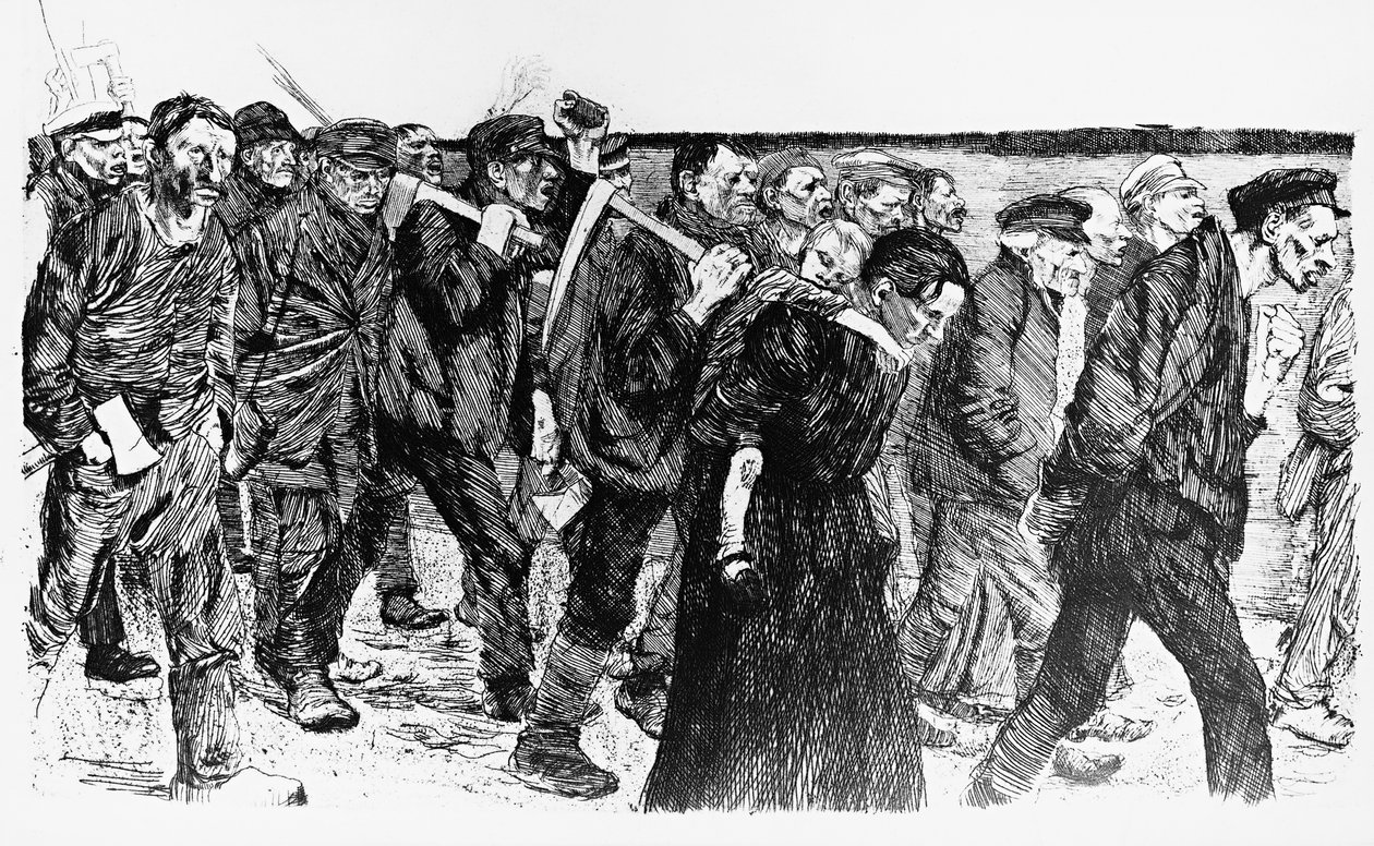 Demonstration af arbejdere, illustration af Kathe Kollwitz (1867-1945) til operaen Die Weber (Væverne) af Käthe Kollwitz