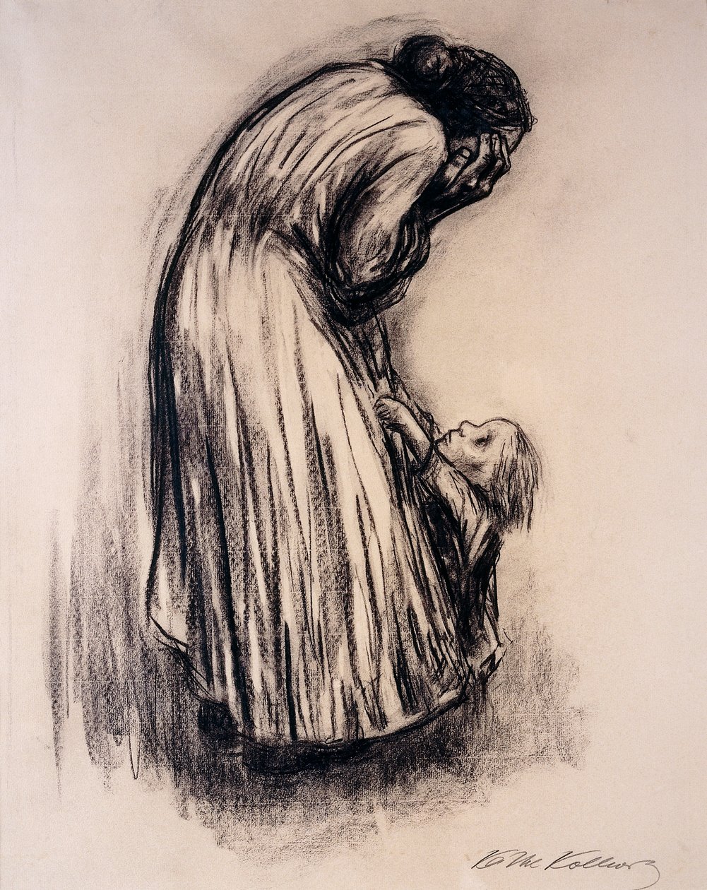 Fortvivlet kvinde med barn, af Käthe Kollwitz