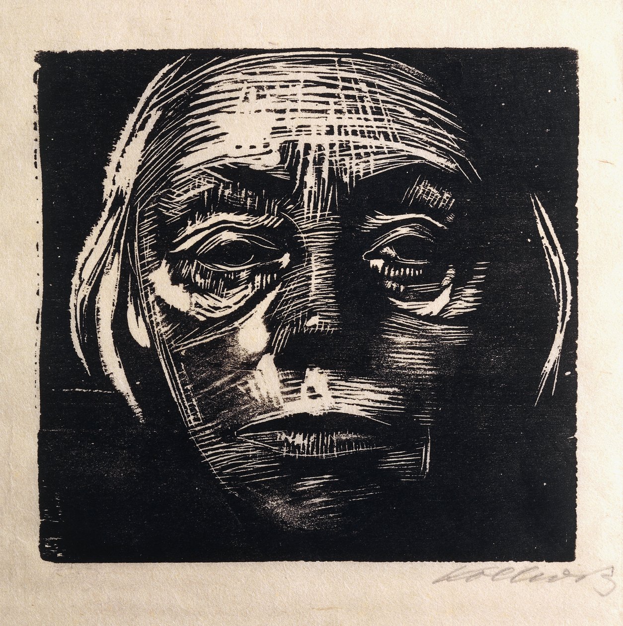 selvportræt i fuld ansigt; Selvportræt fra fronten, 1923 af Käthe Kollwitz