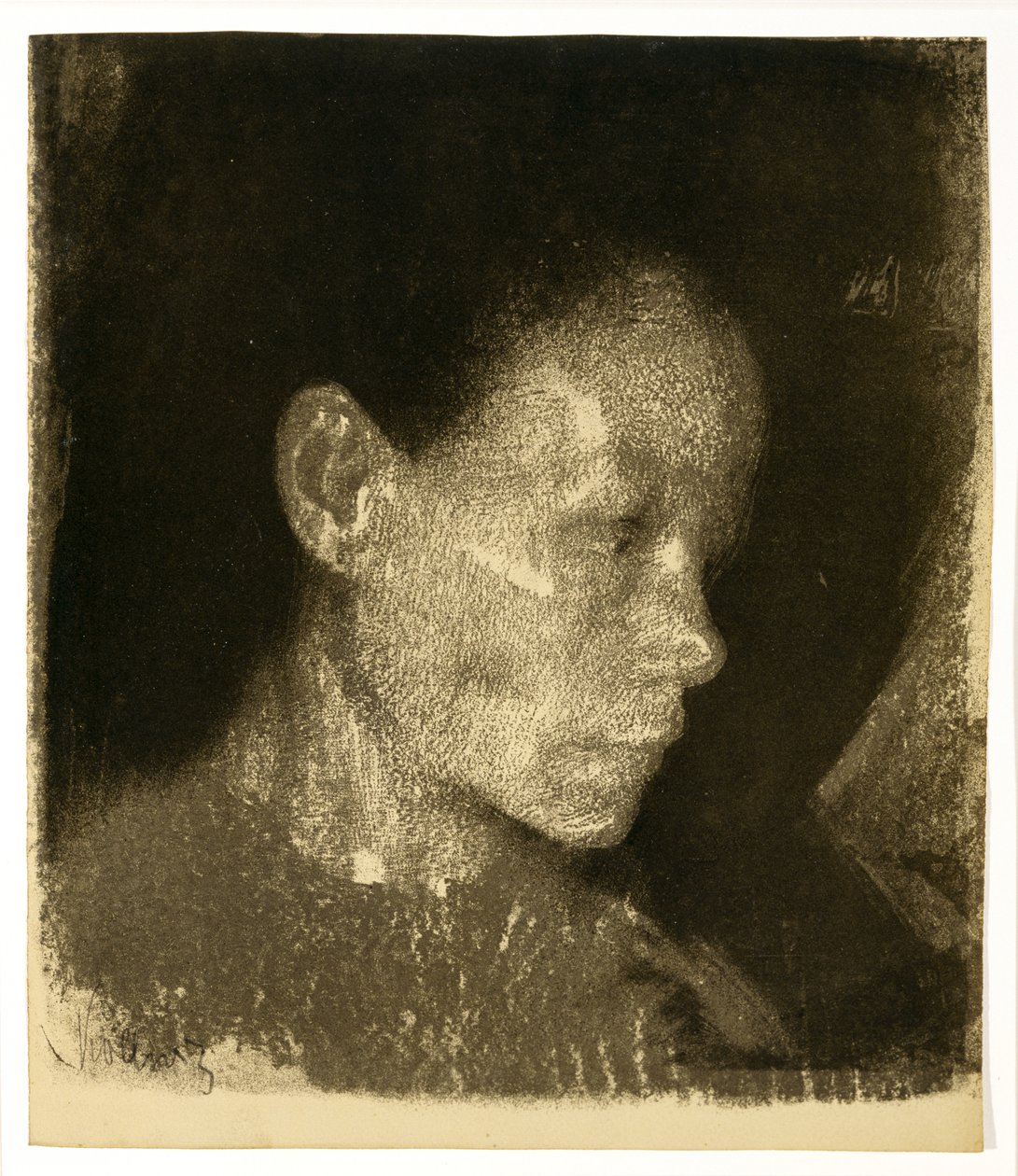 Hoved af en arbejdende kvinde i trekvartprofil vendt mod højre, 1905 (litografi på solbrændt papir) af Käthe Kollwitz