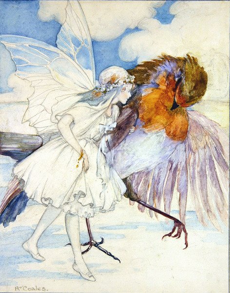 Cock Robin and the Flower Fairy (blyant og akvarel på papir) af Kathleen Wallis Coales