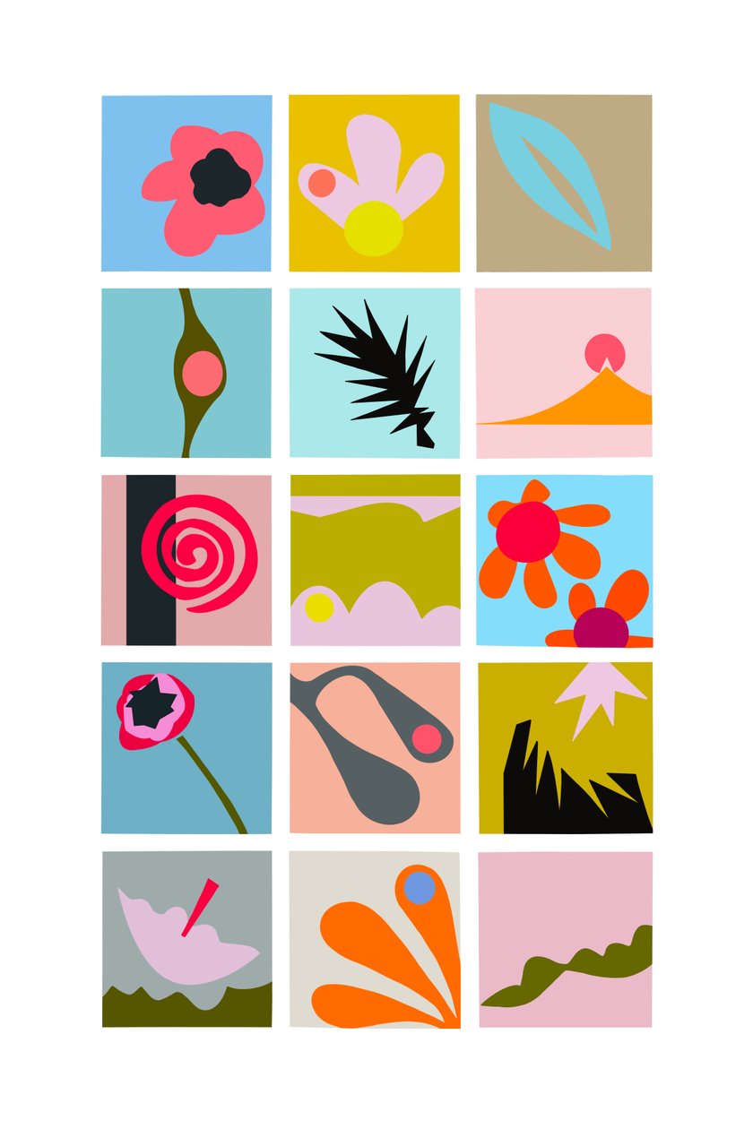 Cut outs grid, 2023 (digital illustration fra original collage på papir) af Kathy Dunaway
