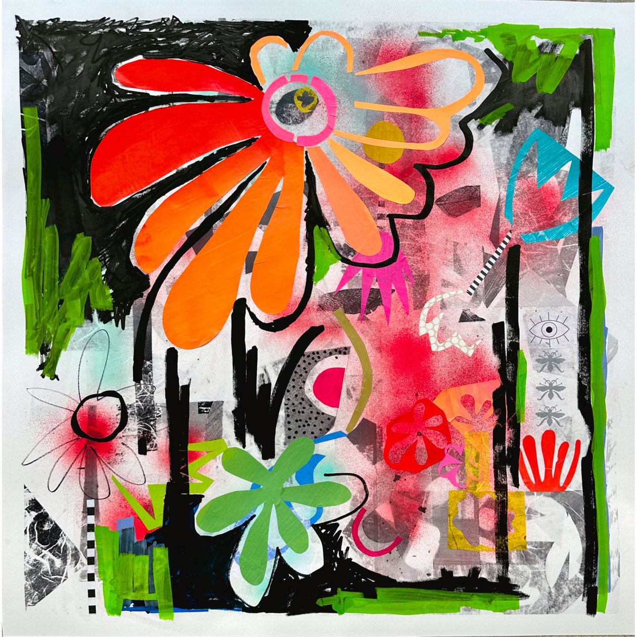 rebel bloom, 2025 (blandede medier på papir) af Kathy Dunaway