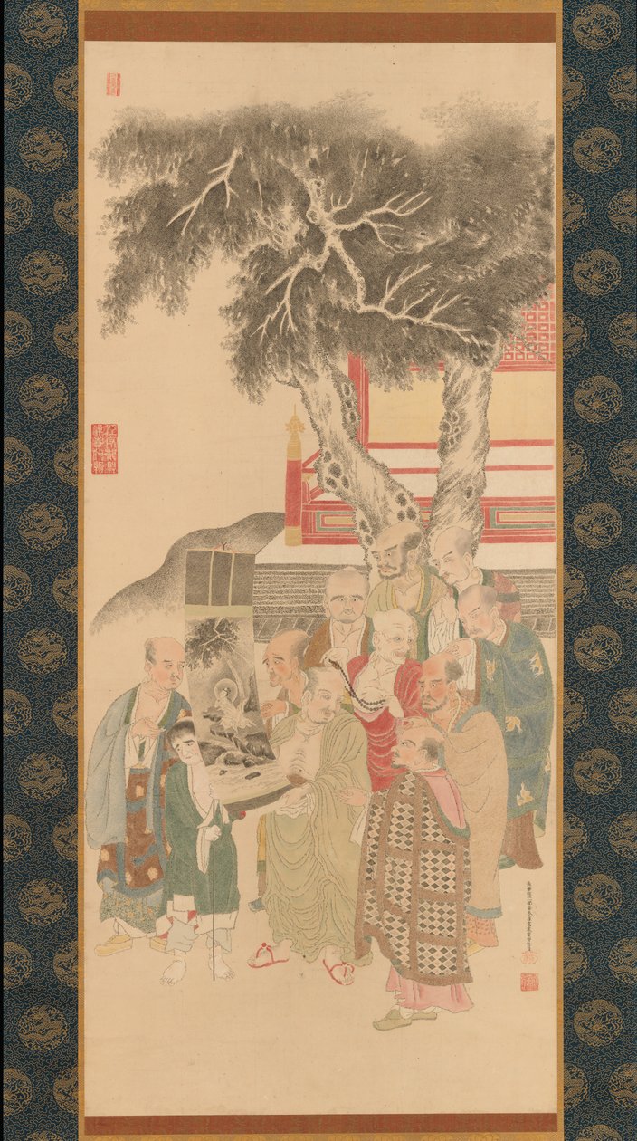 Ten Rakan undersøger et maleri af hvidklædte Kannon, 1792. af Kato Nobukiyo