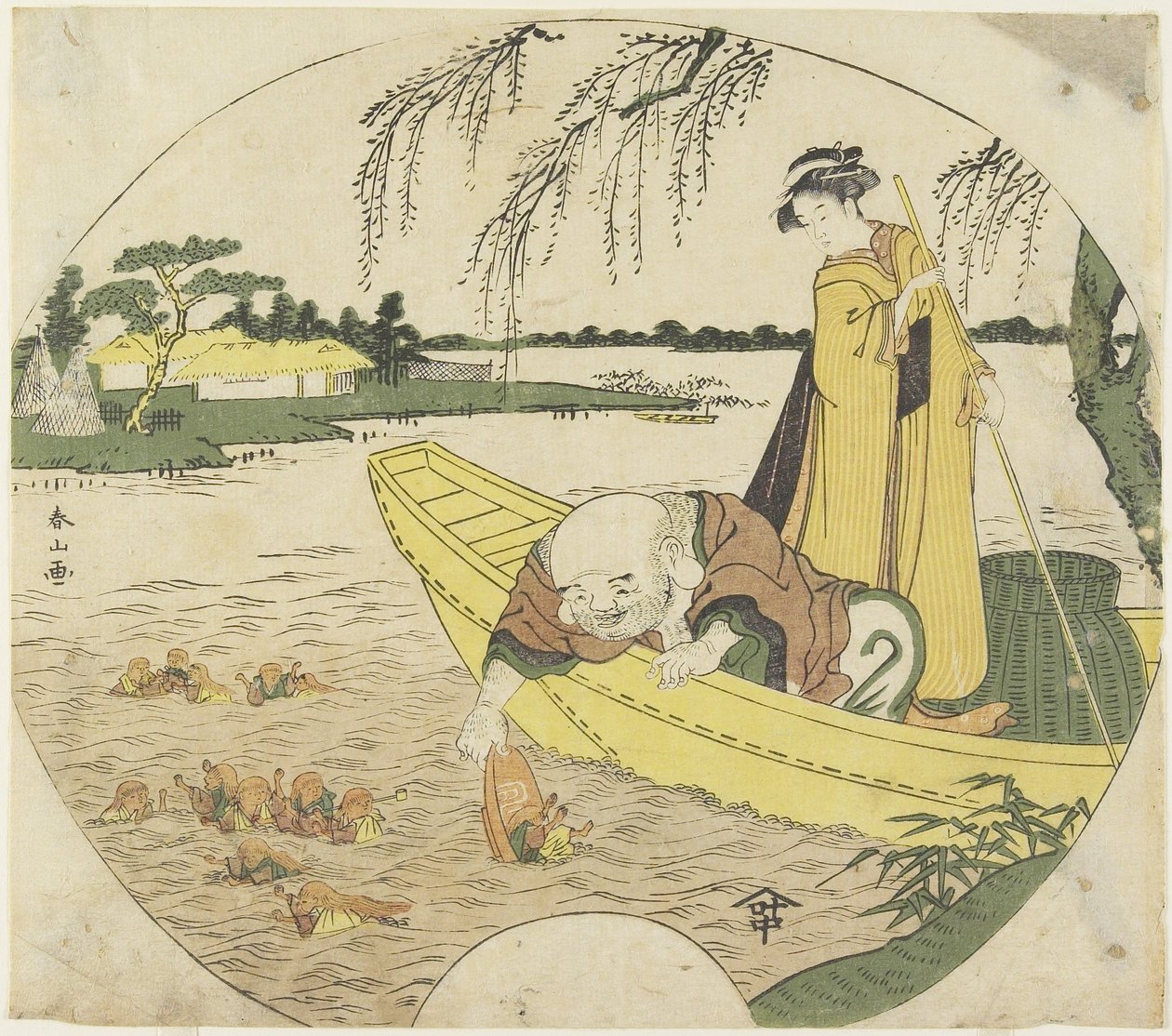 (Hotei God on a Boat Catching Sho_jo_ Goblins with a Sake Cup), 1782-1789 af Katsukawa Shunzan