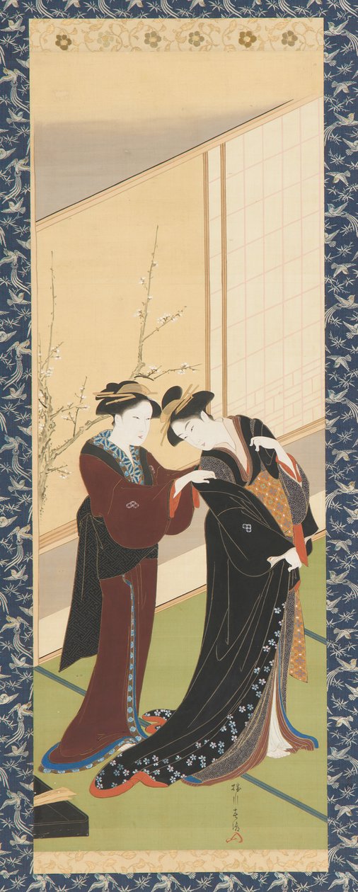 Interiør: en kvinde, der hjælper en pige med at klæde sig på, Edo-perioden, 1726-1792. af Katsukawa Shuncho