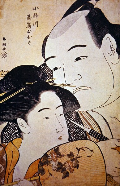 Den japanske wrestler Onagawa og tehuspigen Ohisa, ca. 1792 (træbloktryk) af Katsukawa Shuncho
