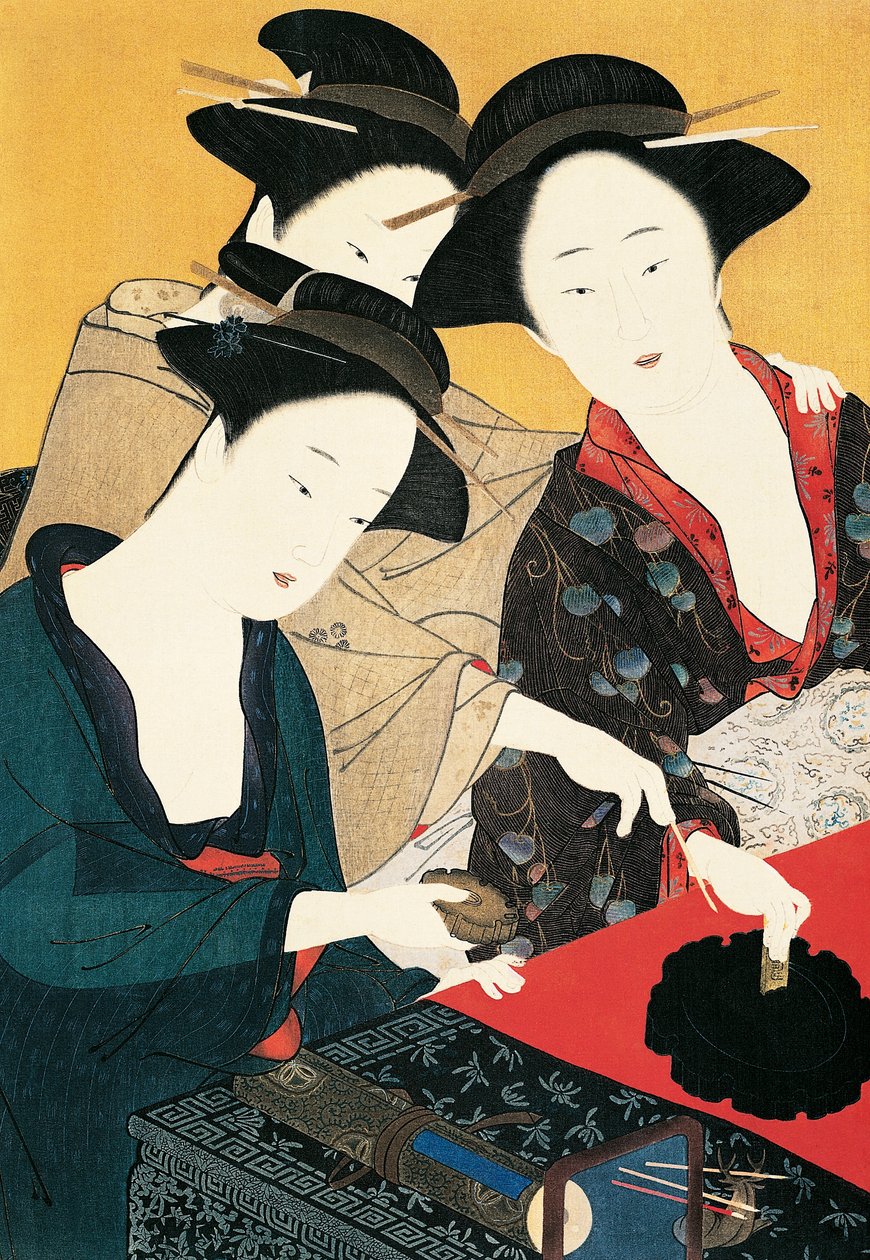 Tre kvinder omkring blækfontæne, kunstner fra Katsukawa Shunsho-skolen (1726-1792), Japan, japansk civilisation af Katsukawa Shuncho
