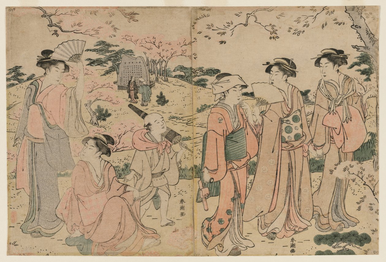 Kvinder ser kirsebærblomster i Asukayama af Katsukawa Shuncho