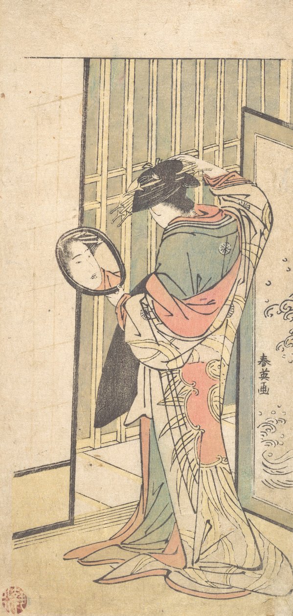 En kurtisane ser på sin refleksion i et håndspejl, ca. 1787. af Katsukawa Shun