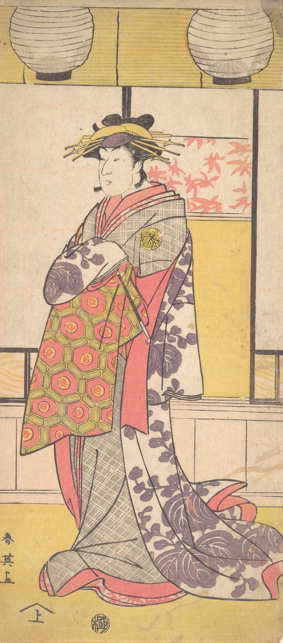 Nakayama Tatezo som kurtisane stående, vendt mod venstre, ca. 1792-93. af Katsukawa Shun