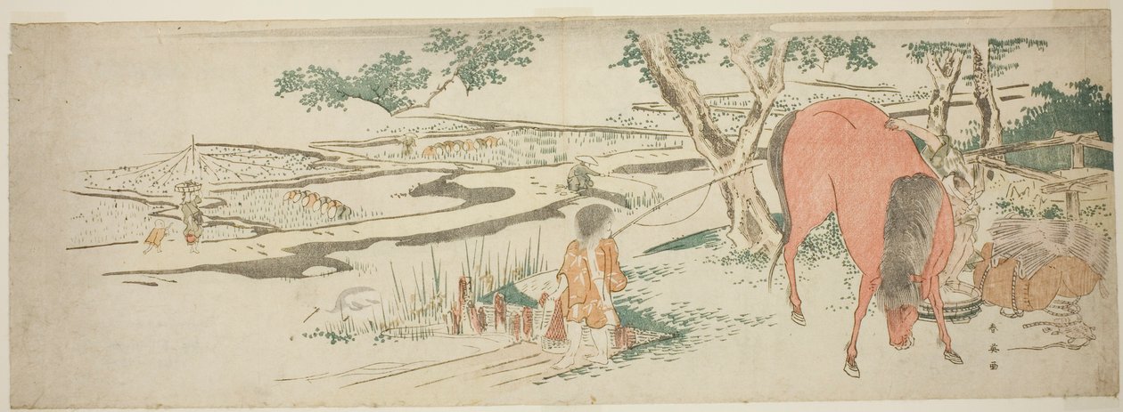 Landlig scene i den tidlige sommer: Bønder, der planter ris, og en mand, der vasker en hest af Katsukawa Shun