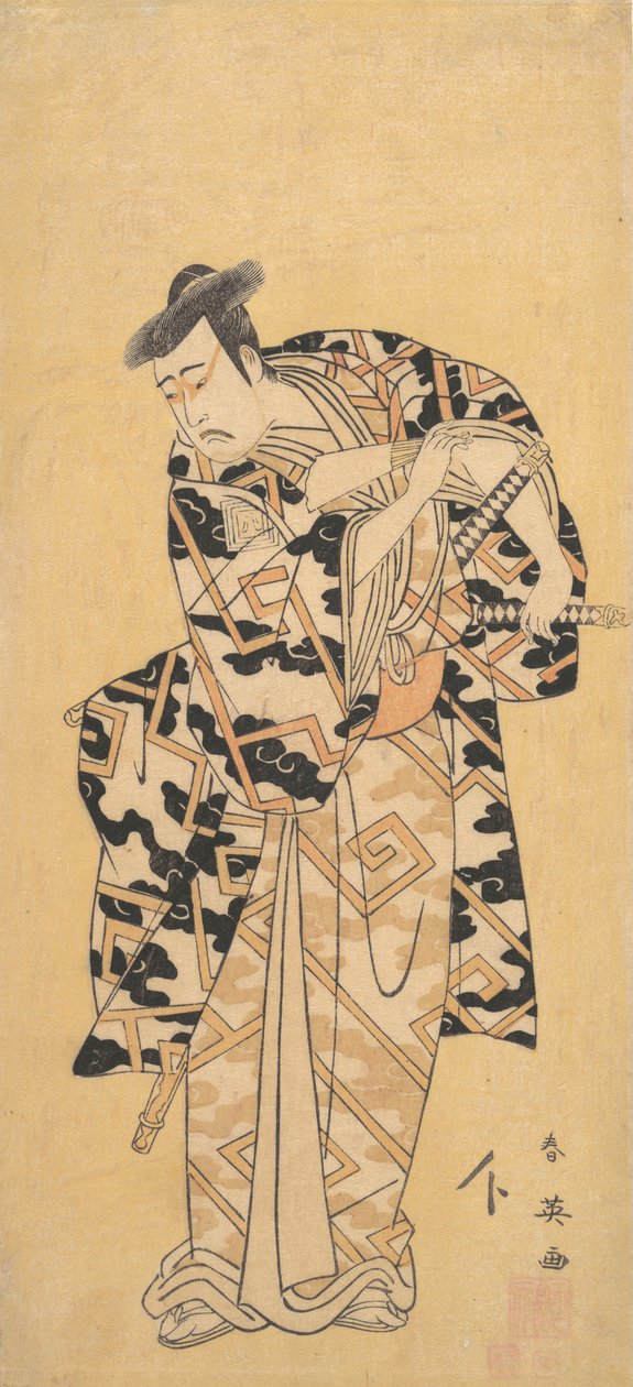 Skuespilleren Ichikawa Yaozo III som Fuwa Banzaemon in a Thunder Robe, Playing with a Fan, 1794. af Katsukawa Shun