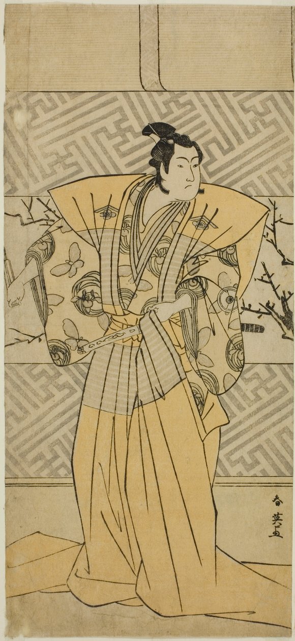 Skuespilleren Iwai Hanshiro IV som Soga no Goro Tokimune i skuespillet Koi no Yosuga Kanegaki Soga, opført på Ichimura-teatret i den første måned, 1789 af Katsukawa Shun