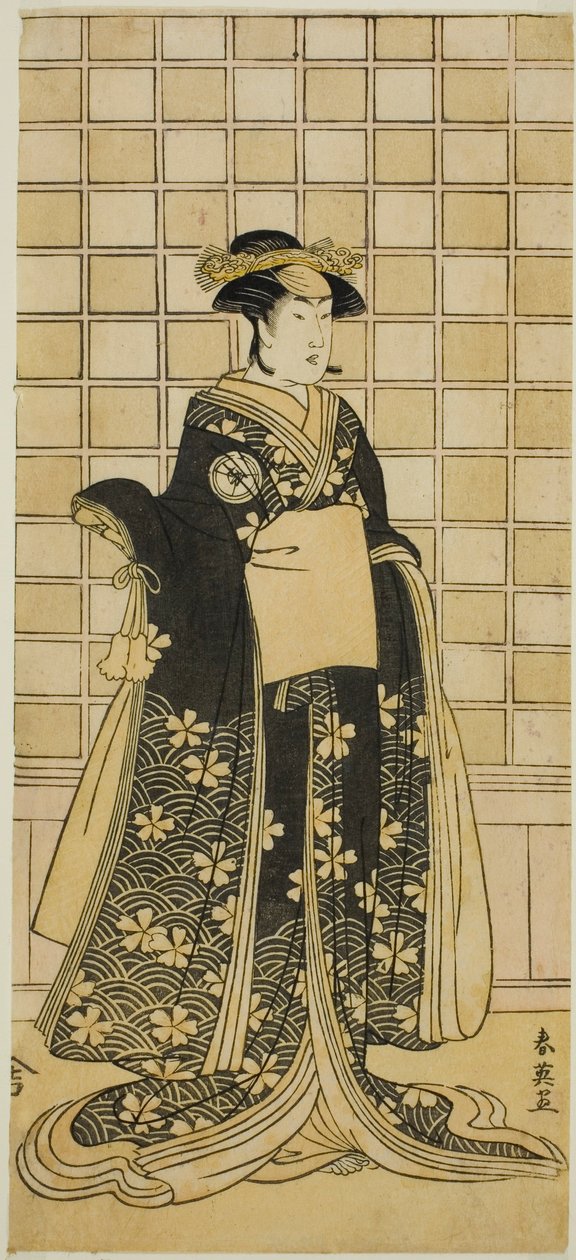 Skuespilleren Iwai Kiyotaro II som Lady Itohagi () i skuespillet Genji Saiko Kogane Tachibana (), opført på Ichimura-teatret () i den ellevte måned, 1788 () af Katsukawa Shun