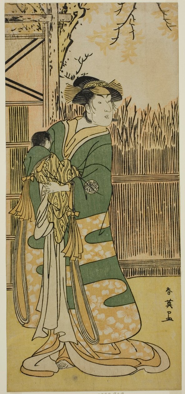 Skuespilleren Nakayama Tomisaburo I som Lady Tokiwa (Tokiwa Gozen) () i skuespillet Kimmenuki Genke no Kakutsuba (), opført på Ichimura-teatret () i den ellevte måned, 1791 () af Katsukawa Shun