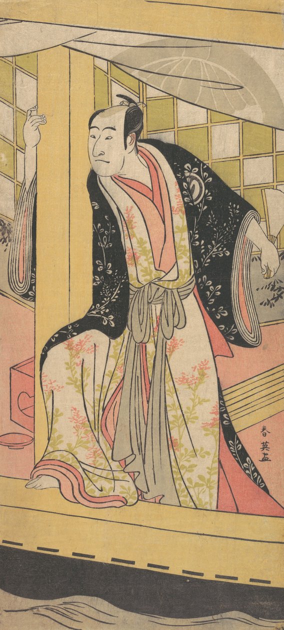 Skuespilleren Sawamura Sojuro 3. som en mand, der står i en lystbåd, ca. 1790. af Katsukawa Shun
