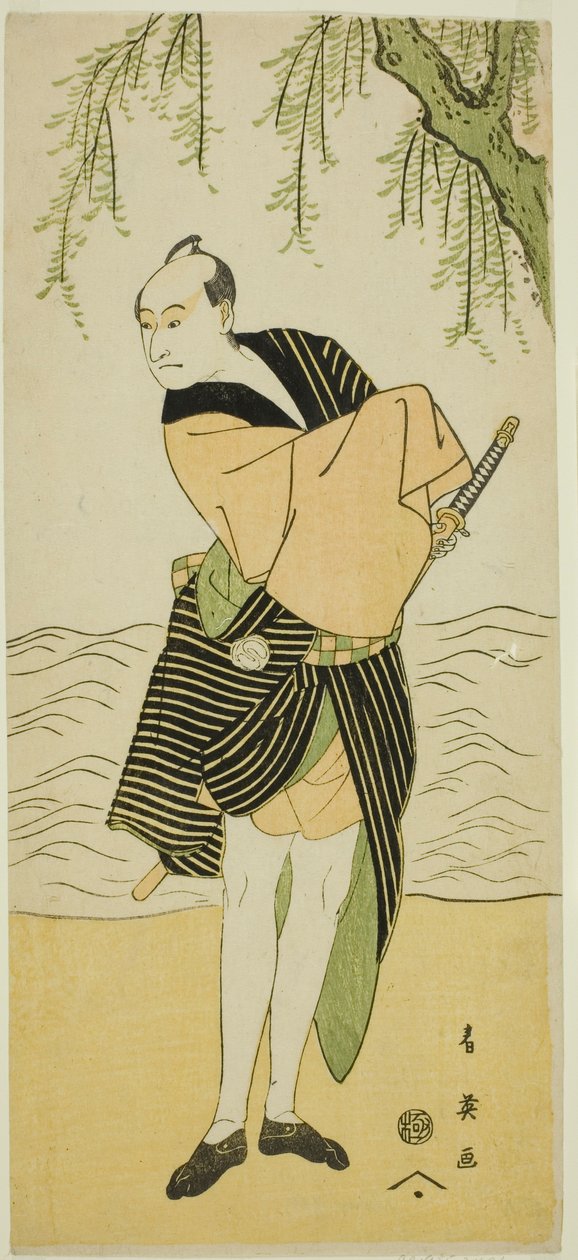 Skuespilleren Sawamura Sojuro III som Ume no Yoshihei i skuespillet Suda no Haru Geisha Katagi, opført på Kiri-teatret i den første måned, 1796 af Katsukawa Shun