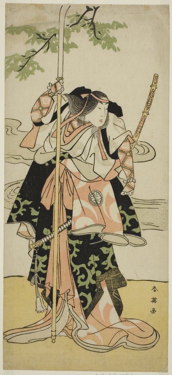 Skuespilleren Segawa Kikunojo III som Lady Tomoe (Tomoe Gozen) i stykket Yasa Gumbai Miyako no Jindori, opført på Miyako-teatret i den ellevte måned, ca. 1793 (farvetræsnit; hosoban) af Katsukawa Shun